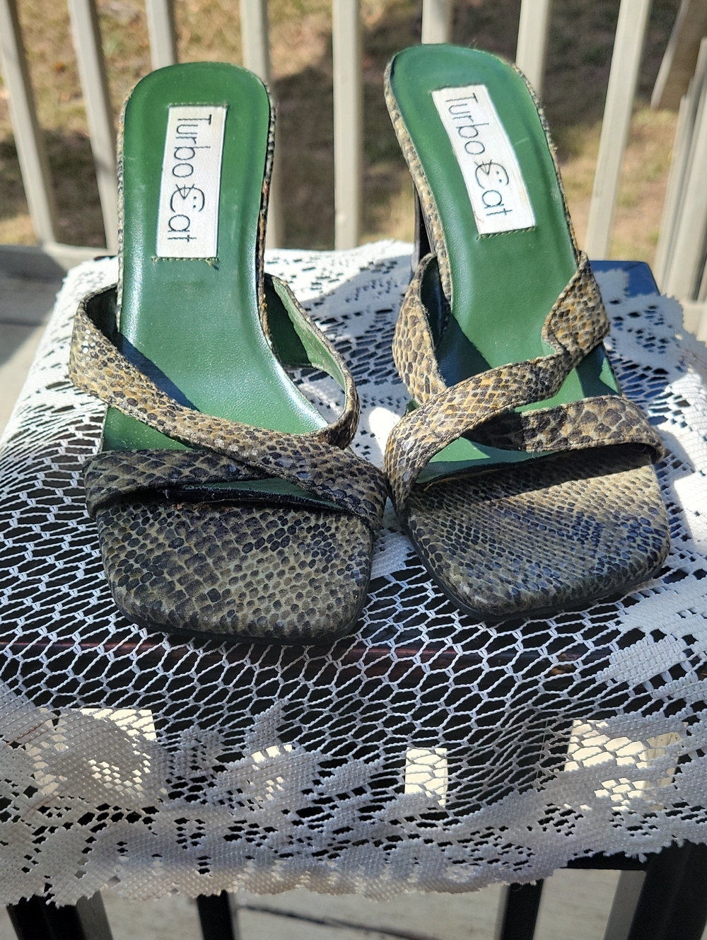 Green Footbed Snake-Print Slide Heels